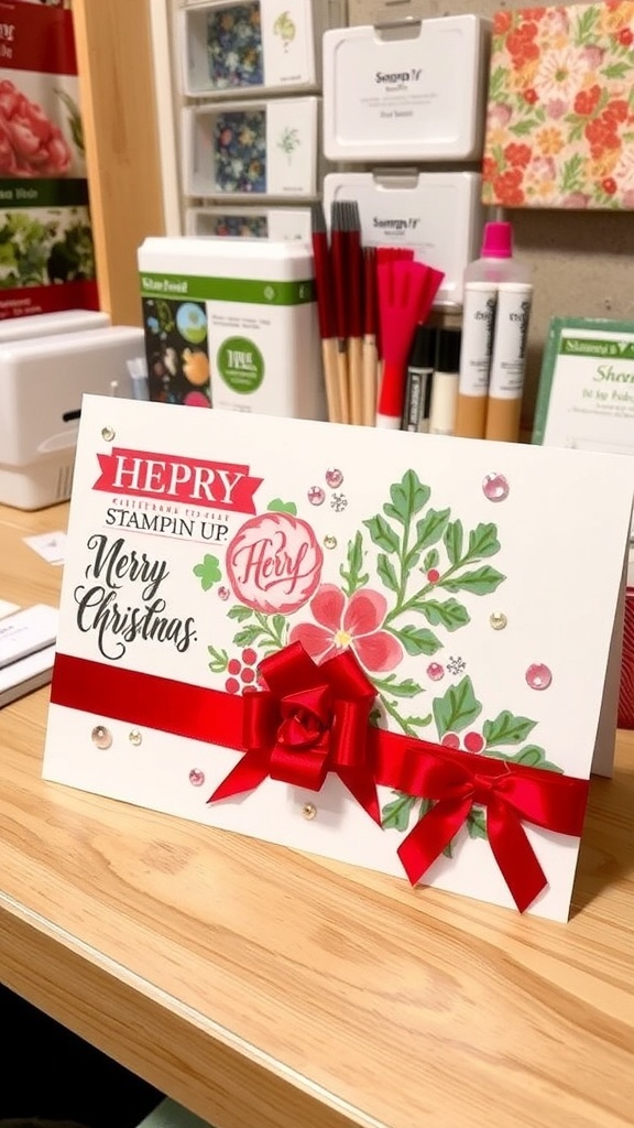 A DIY 5x7 Christmas card with holiday stamps, ribbons, and sequins on a crafting table.